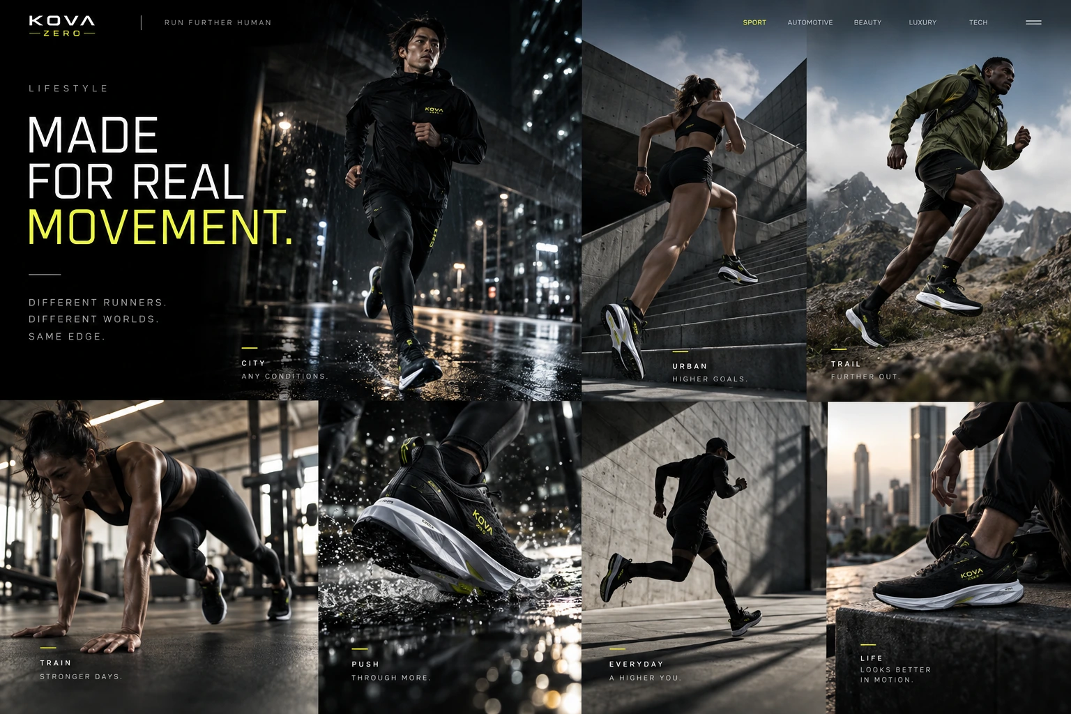 KOVA ZERO lifestyle campaign showing runners training in city, urban and trail environments
