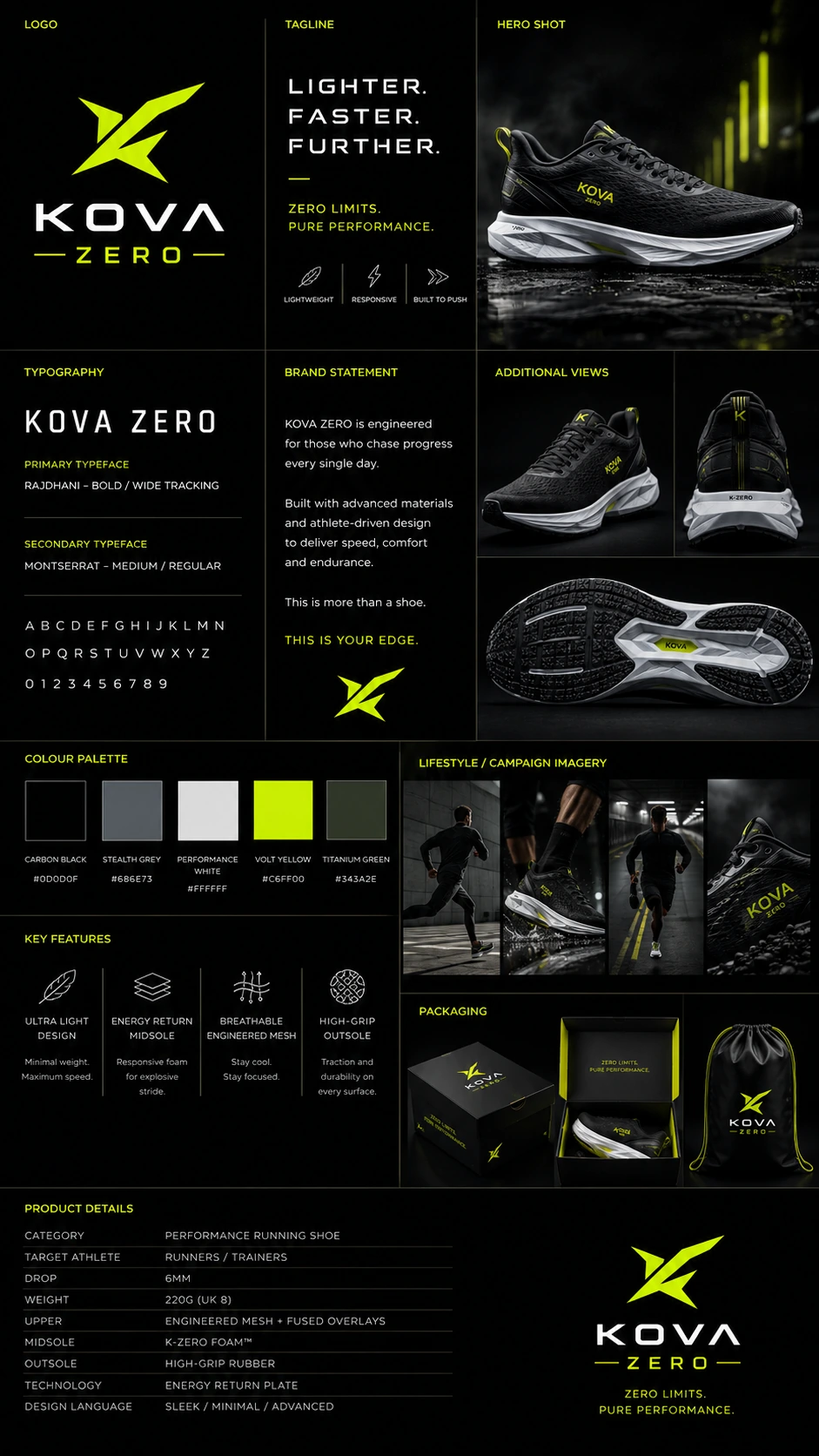 KOVA ZERO complete brand kit showing logo, typography, product imagery, colour palette, campaign imagery, packaging and product details