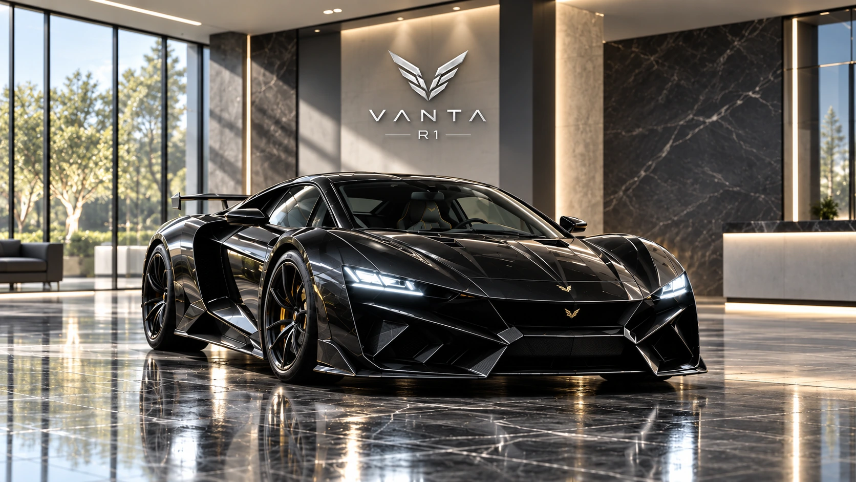 VANTA R1 black hypercar displayed alone in a bright luxury showroom with daylight and reflective studio lighting
