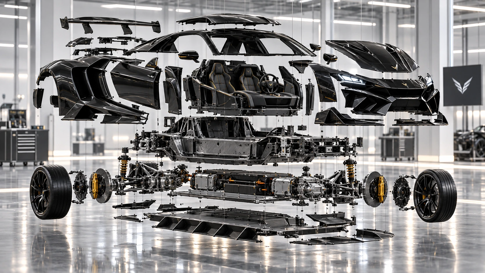 Exploded view of the VANTA R1 in a clean automotive engineering facility