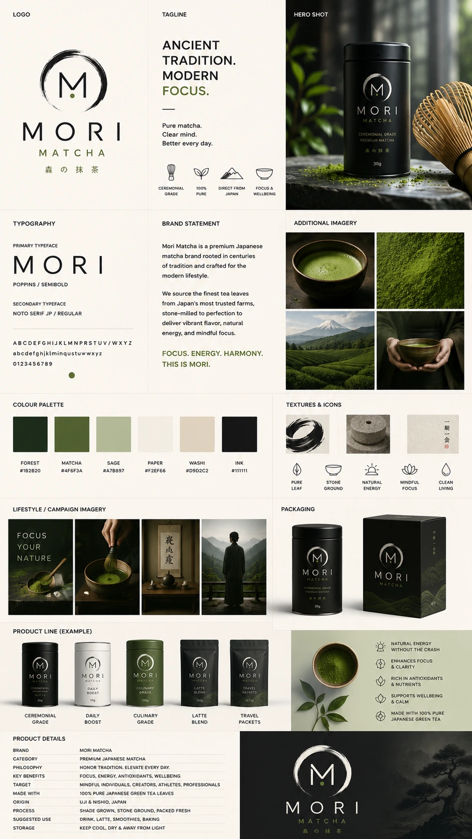 Mori Matcha brand kit board showing logo, hero product shot, imagery, palette, packaging and product details