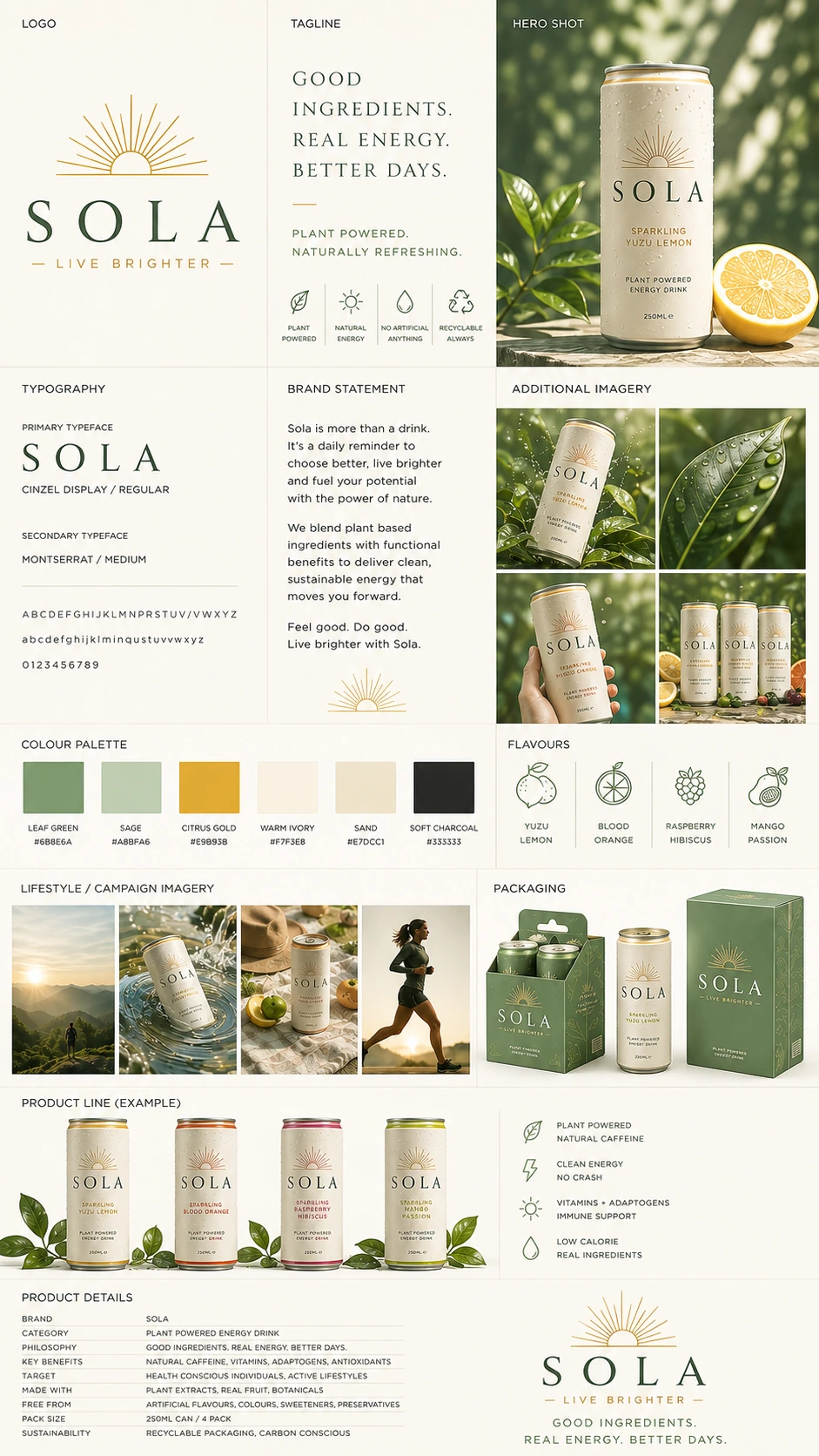 SOLA food and beverage brand kit showing logo, typography, product imagery, flavour system, packaging and product details